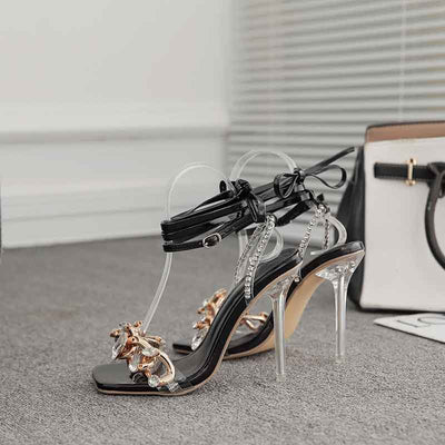 Square Toe Chain Decoration Lace Up Stiletto Heels