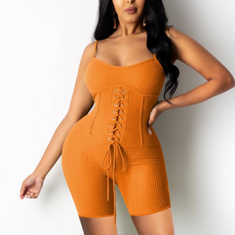 Solid Sleeveless Lace Up Romper