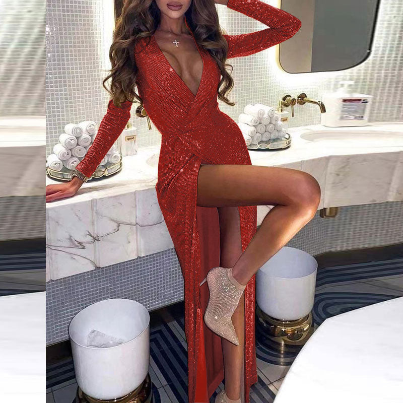 Glitter Deep V-Neck Long Sleeve High Slit Dress