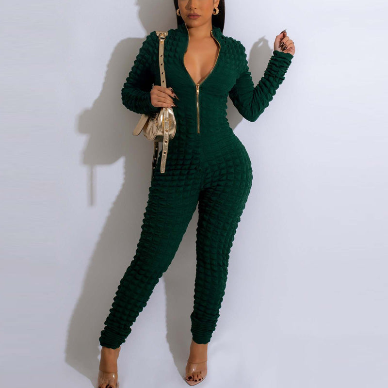 Solid Zipper Design Long Sleeve Jumpsuit