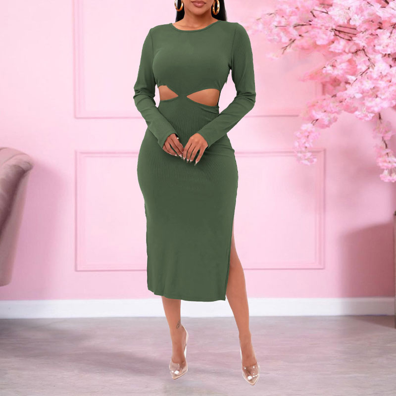 Solid Long Sleeve Cut Out Bandage High Slit Dress