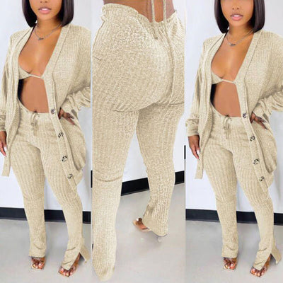 Solid Long Sleeve Button Detailed 3PCS Pants Set