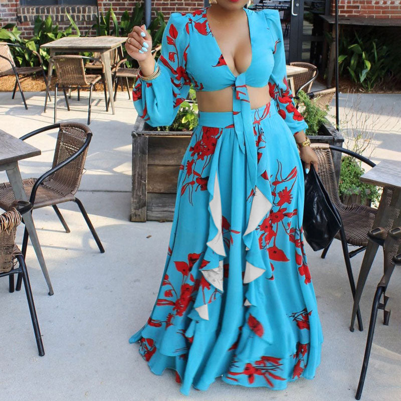 Floral Print Long Sleeve Crop Top & Skirt Set