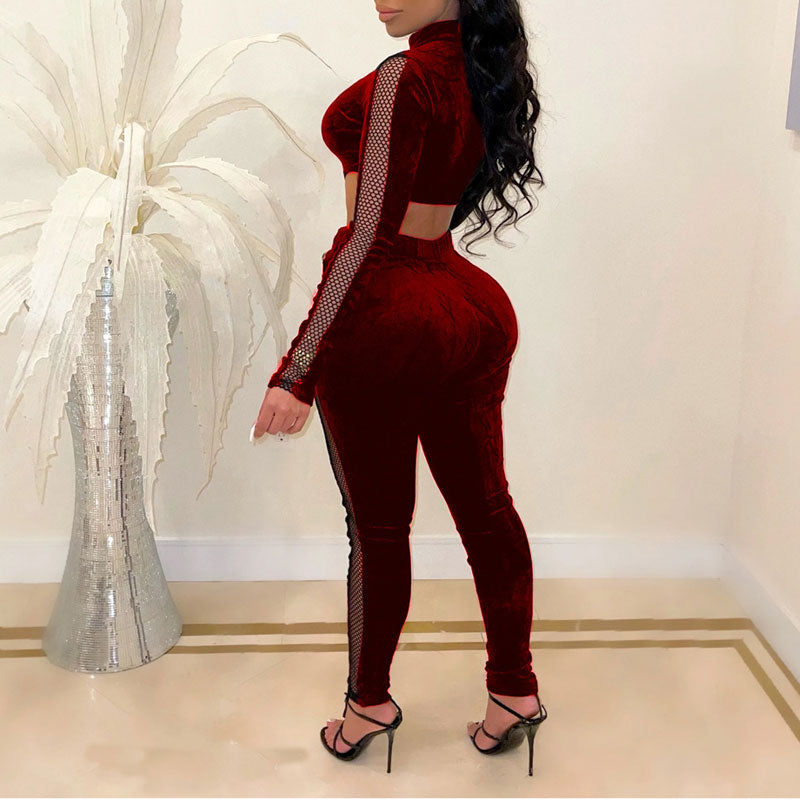 Solid Long Sleeve Sheer Mesh Patchwork Velvet Jumpsuit