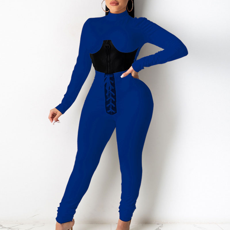 Colorblock Long Sleeve Crop Top & Lace Up Pants Set