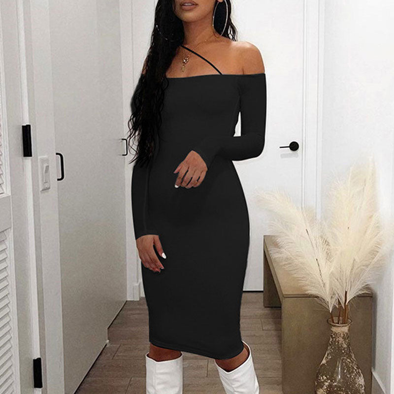 Solid Off Shoulder Long Sleeve Midi Dress