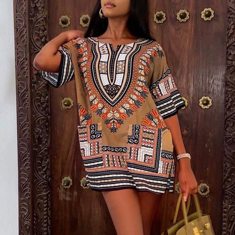 Print Round Neck Long Sleeve Mini Dress