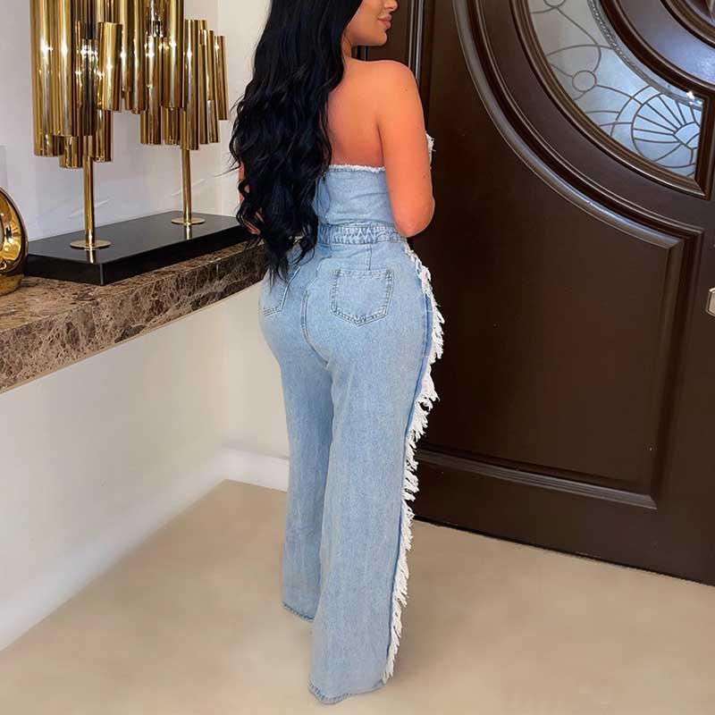 Solid V-Neck Cut Out Denim Jumpsuit