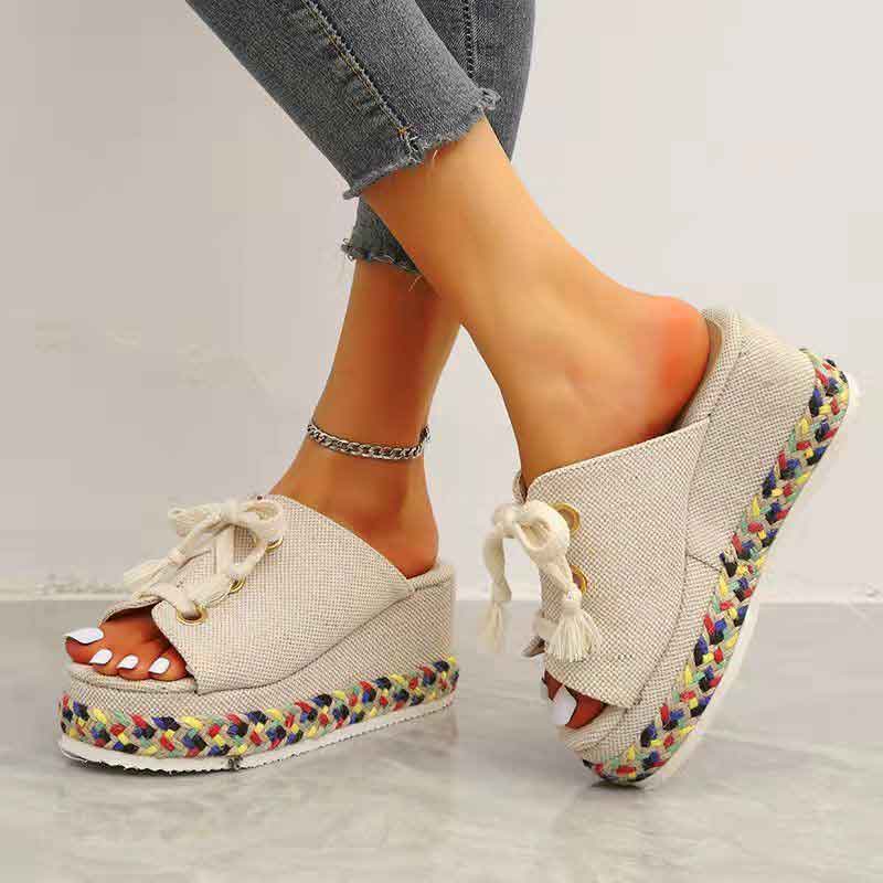 Colorblock Lace Up Braided Wedge Sandals