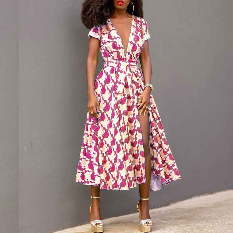 Print Deep V-Neck Short Sleeve High Slit Dress