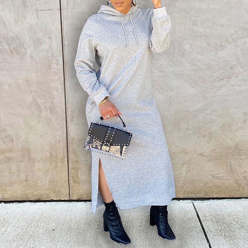 Solid Long Sleeve Slit Hoodie Sweater Dress