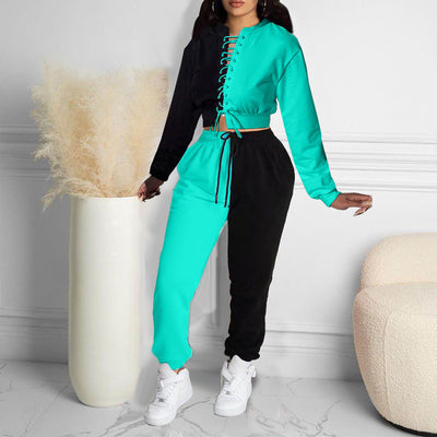 Colorblock Long Sleeve Eyelet Lace Up Blouse & Pants Set