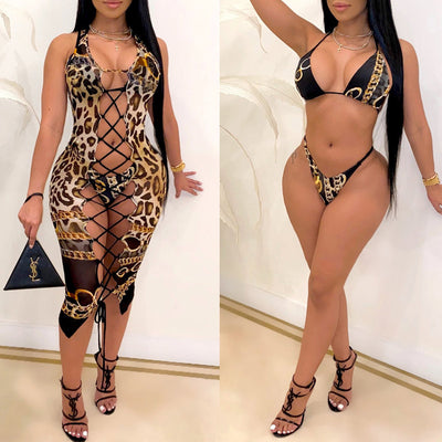 Print Lace-Up 3 Pcs Set Bikini Beachwear Swimsuit