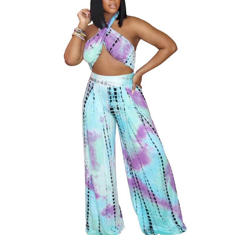 Tie Dye Print Halter Crop Top & Wide Leg Pants Set