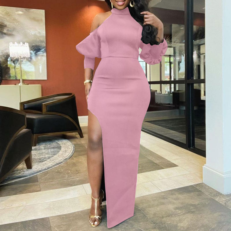 Solid Cold Shoulder Long Sleeve High Slit Maxi Dress