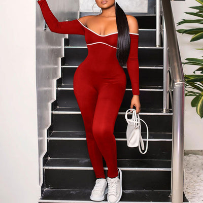 Colorblock Off Shoulder Long Sleeve Bandage Jumpsuit