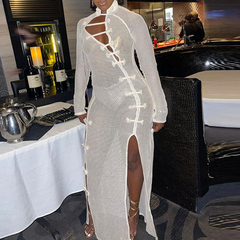 Solid Long Sleeve Hollow Out Sheer Mesh Maxi Dress