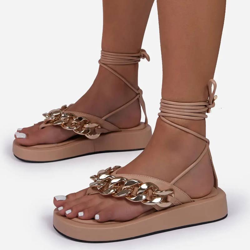 Chains Decoration Lace Up Flat Sandals