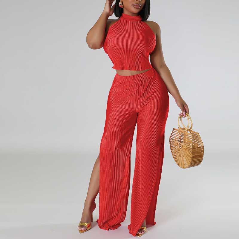 Solid Halter Backless Top & High Slit Pants Set