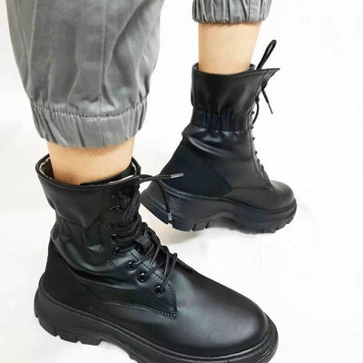 Patchwork Lace Up Ruched Boots