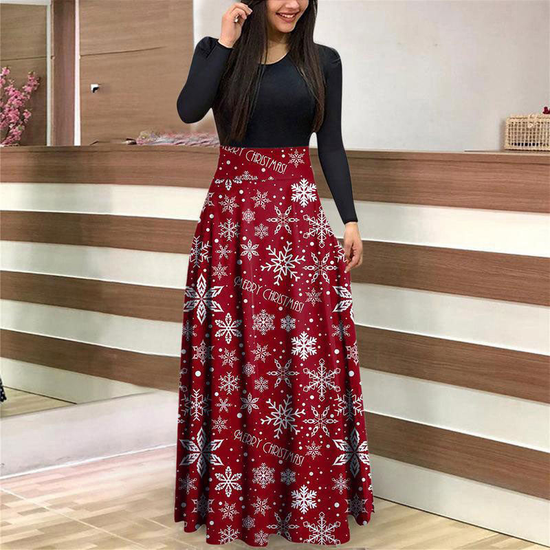 Christmas Pattern Long Sleeve Pleated Maxi Dress