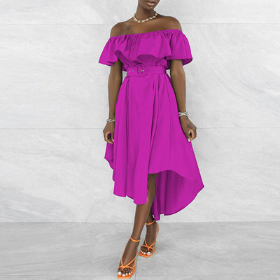 Solid Off Shoulder Ruffle Design Asymmetrical Dress