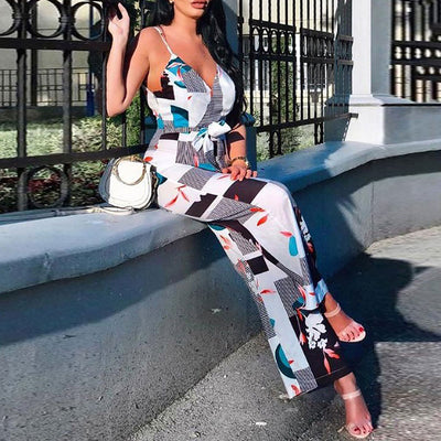 Floral Print Sleeveless Belted Jumpsuit