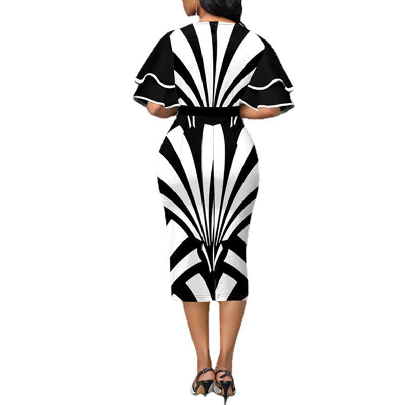 Printed Short Sleeve Ruffle Design Midi Dress