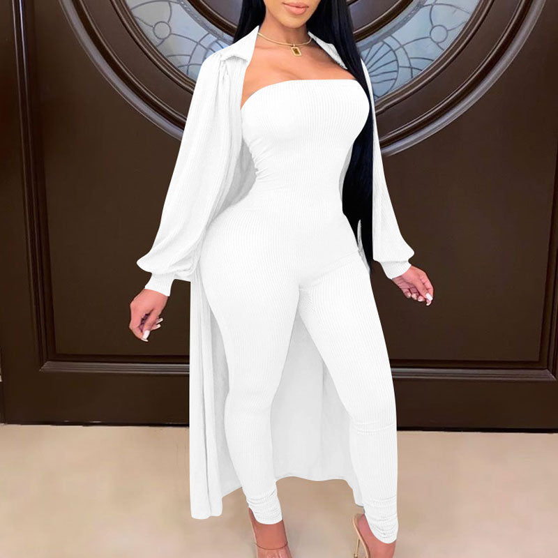 Solid Off Shoulder Jumpsuit & Long Coat Set