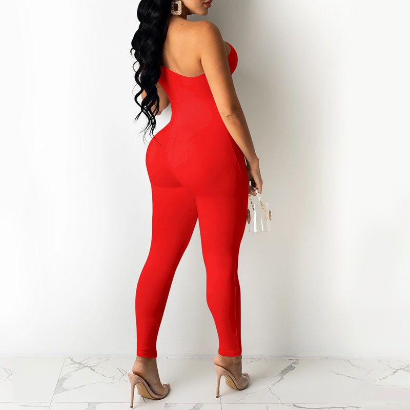 Solid Sleeveless One Shoulder Cut Out Jumpsuit