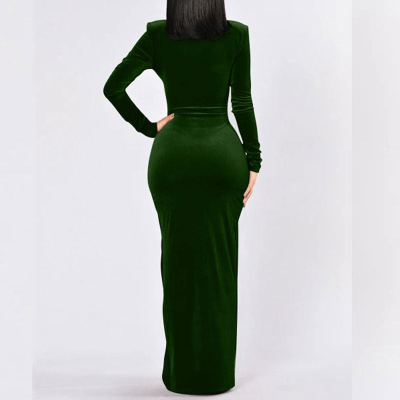 Solid Deep V-Neck Long Sleeve High Slit Maxi Dress