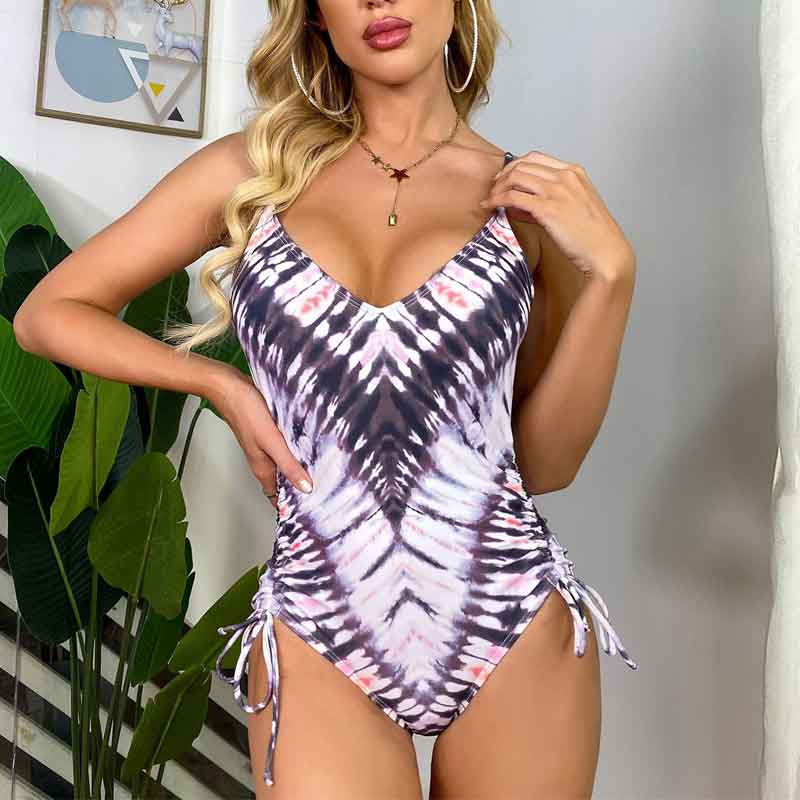 Tie Dye Print Drawstring One Piece Swimsuit