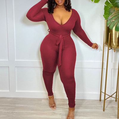 Solid Deep V-Neck Long Sleeve Belted Jumpsuit