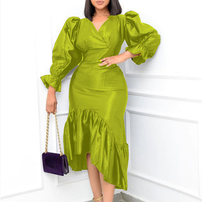 Solid V-Neck Lantern Sleeve Ruffle Design Midi Dress