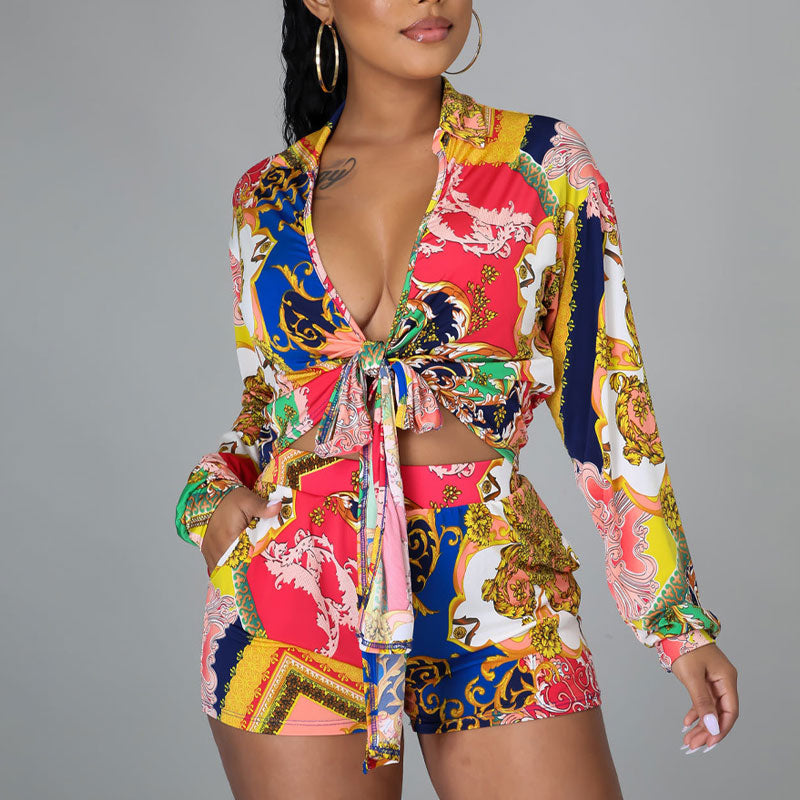 Print Long Sleeve Blouse & Shorts Set