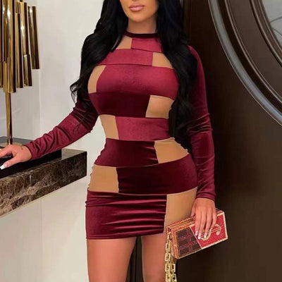 Colorblock Velvet Long Sleeve Bodycon Dress