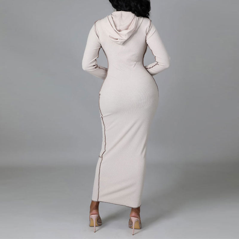 Solid Long Sleeve Hoodie Maxi Dress