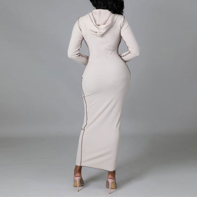 Solid Long Sleeve Hoodie Maxi Dress