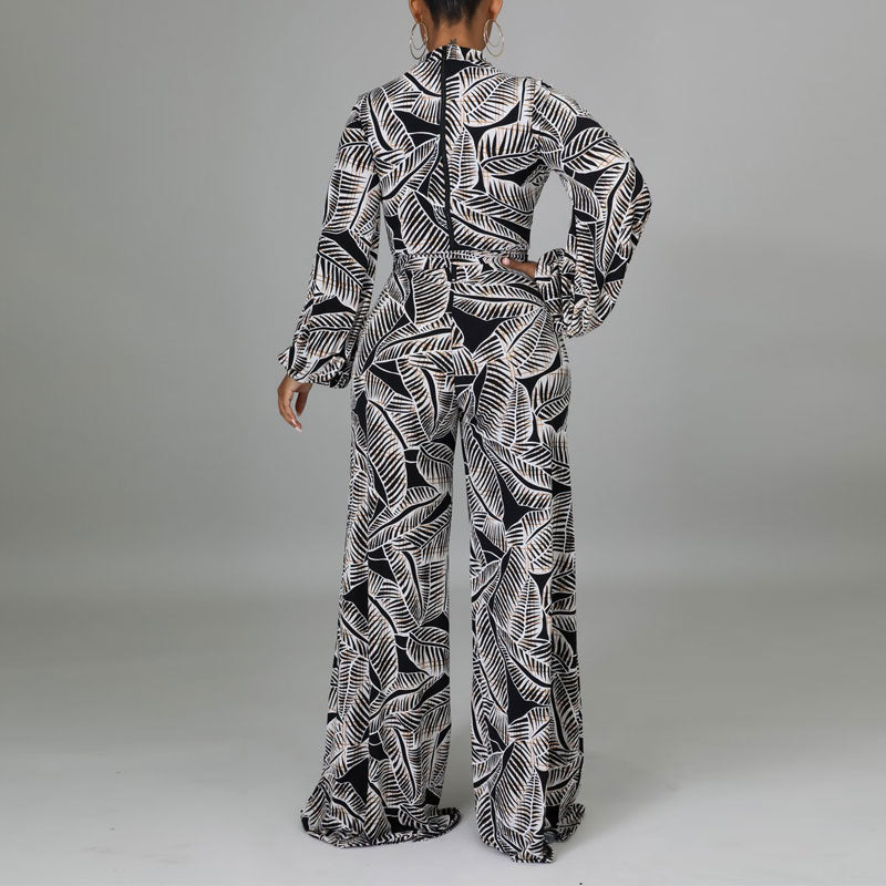 Print Lantern Sleeve Belted Loose Jumpsuit