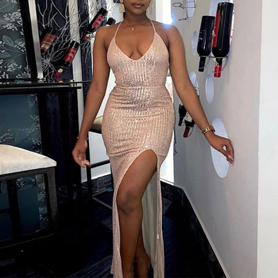 Sequins Sleeveless Halter Bandage Backless High Slit Dress