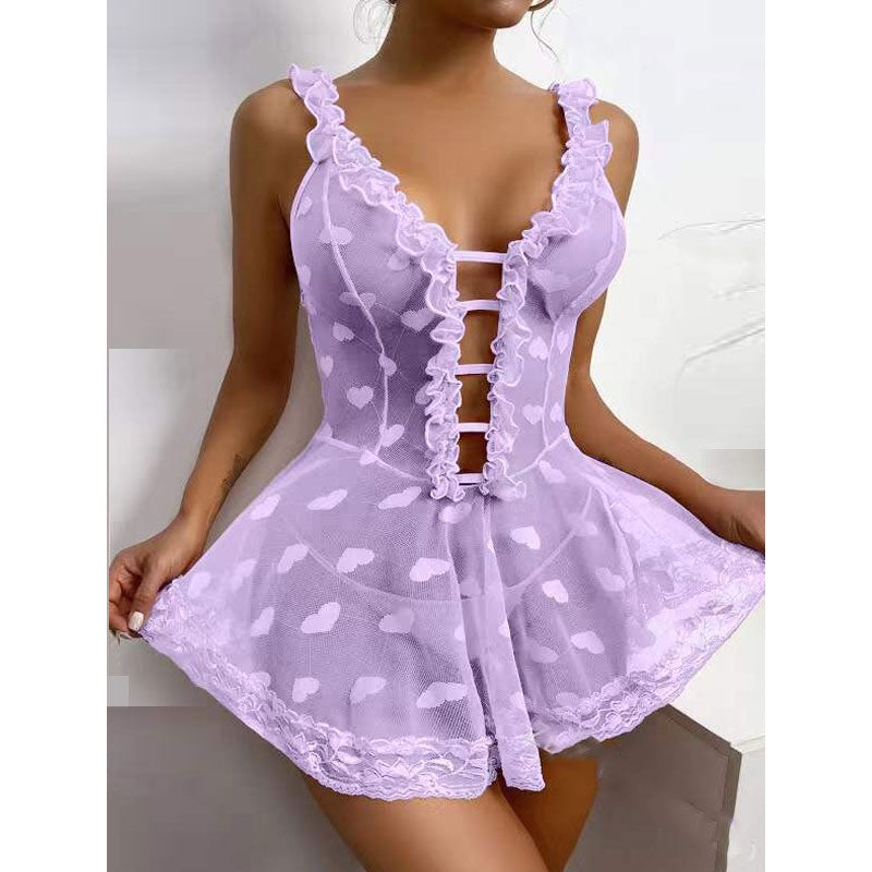 Heart Pattern Sleeveless Cut Out Lace Babydoll