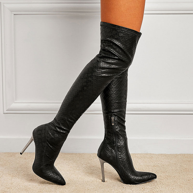 Chevron Pattern Thin Heeled Knee-High Boots