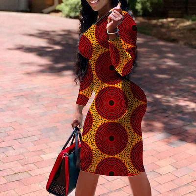 Geometric Print Long Sleeve Midi Dress