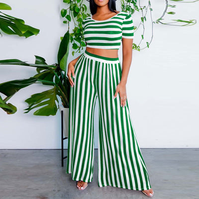 Striped Short Sleeve Crop Top & Wide Leg Pants Set