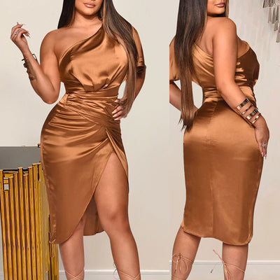 Solid One Shoulder Ruched High Slit Dress