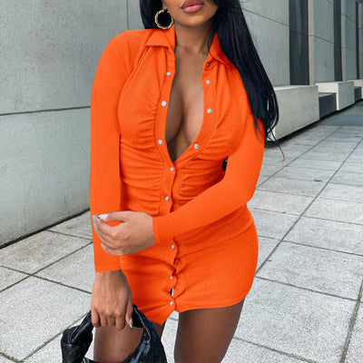 Solid Long Sleeve Button DEtailed Ribbed Bodycon Dress