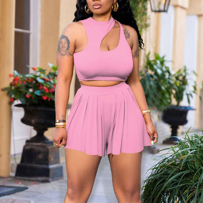 Solid Sleeveless Cut Out Crop Top & Pleated Shorts Set