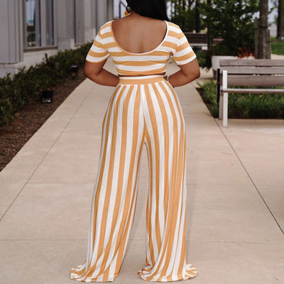 Striped Pattern Off Shoulder Crop Top & Wide Leg Pants Set