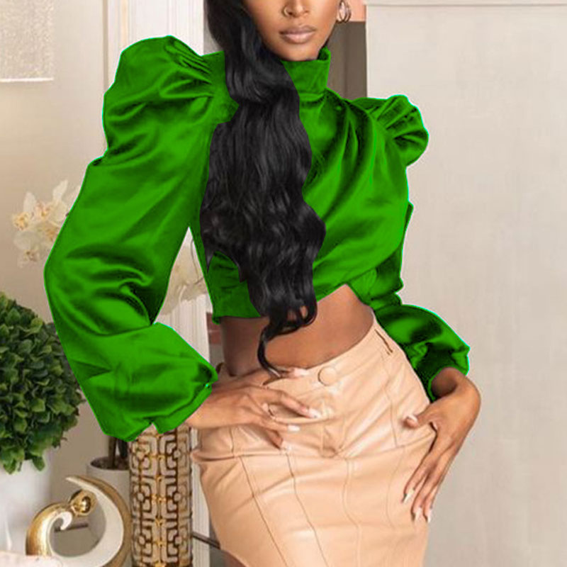 Solid Puff Sleeve Satin Top