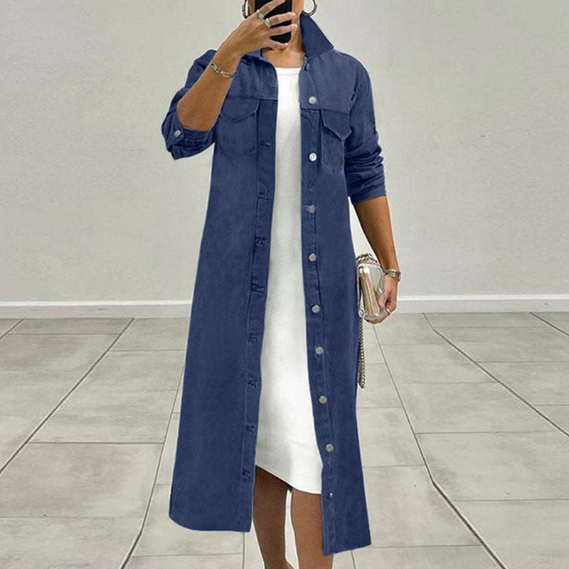 Solid Long Sleeve Button Detailed Denim Shirt Dress